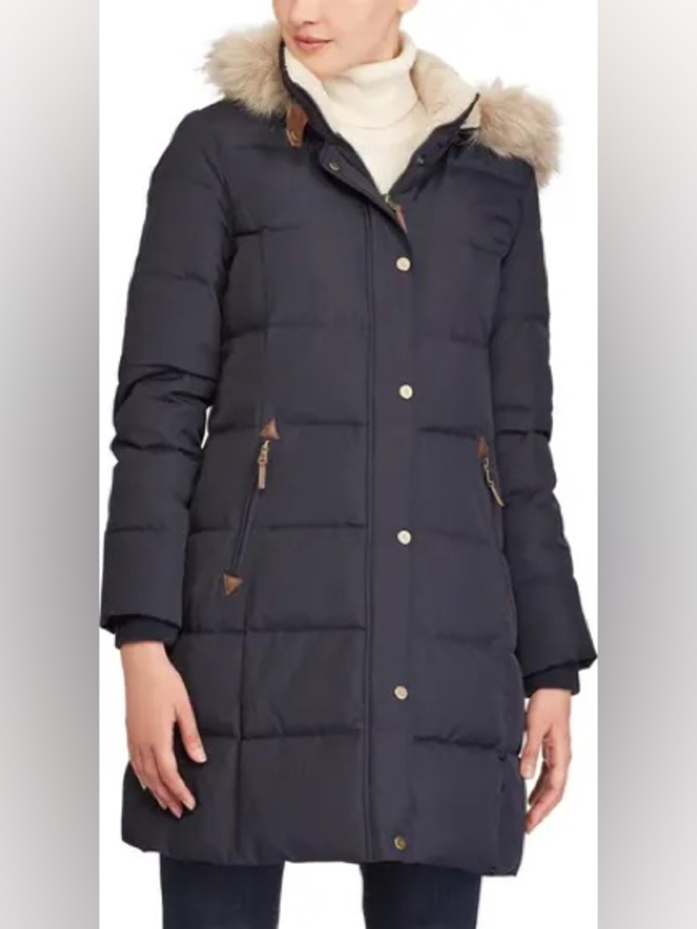 Lauren Ralph Lauren Women's Faux-Fur Hooded Duck Down Puffer Coat-Navy Sz L
